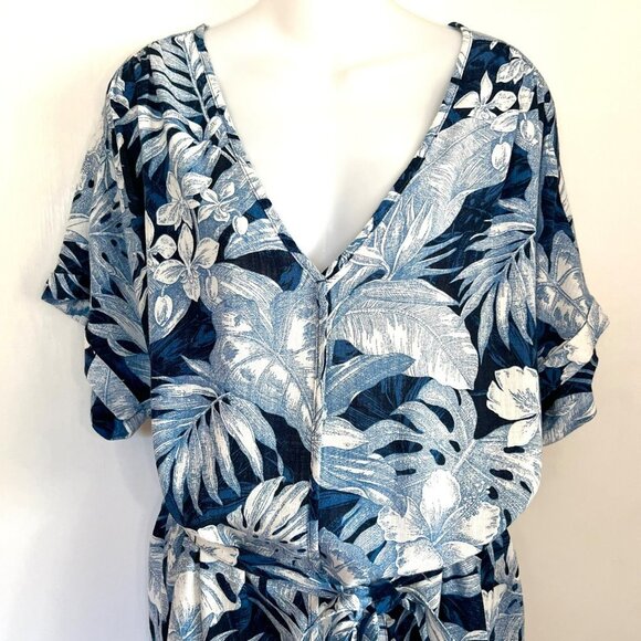 H & M LOGG NAVY BLUE TROPICAL PRINT LINEN BLEND DRESS SIZE LARGE - Picture 3 of 11